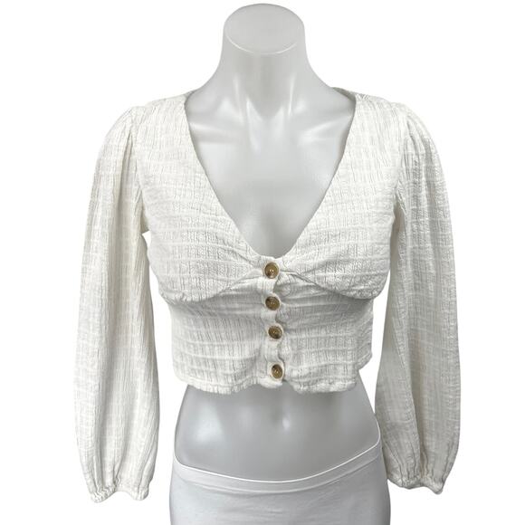 Line & Dot Fall For You White Long Puff Sleeve V-neck Button Crop Blouse Top XS - Picture 1 of 4